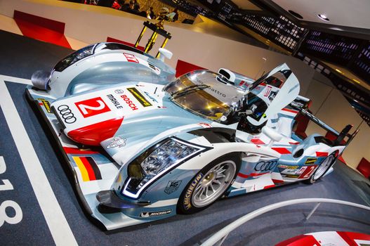 FRANKFURT - SEPT 21: Audi R18 e-tron quattro 01 presented as world premiere at the 65th IAA (Internationale Automobil Ausstellung) on September 21, 2013 in Frankfurt, Germany