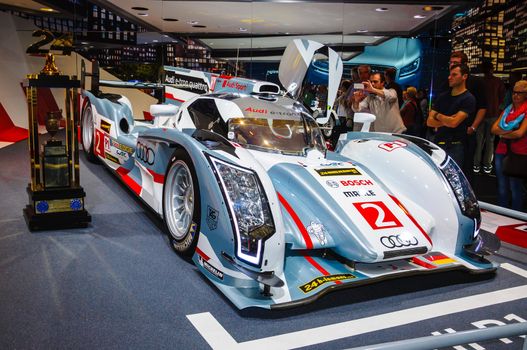 FRANKFURT - SEPT 21: Audi R18 e-tron quattro 01 presented as world premiere at the 65th IAA (Internationale Automobil Ausstellung) on September 21, 2013 in Frankfurt, Germany