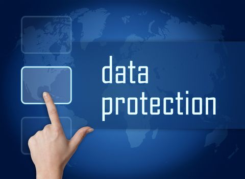 Data Protection concept with interface and world map on blue background