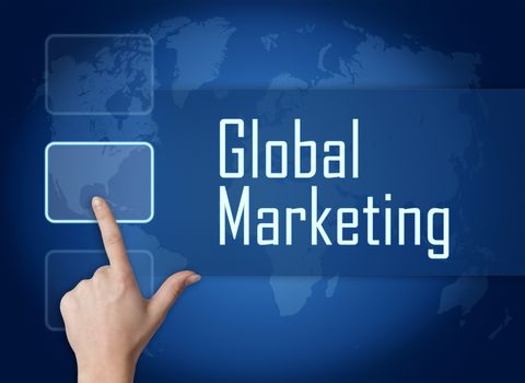 Global Marketing concept with interface and world map on blue background