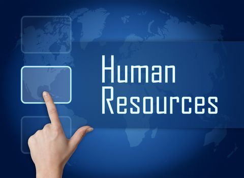 Human Resources concept with interface and world map on blue background