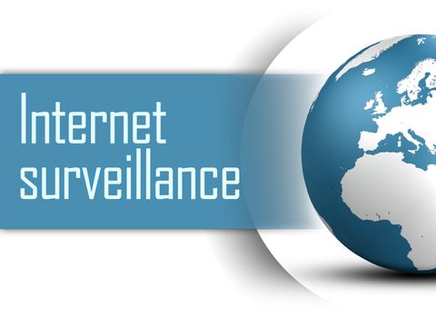 Internet surveillance concept with globe on white background