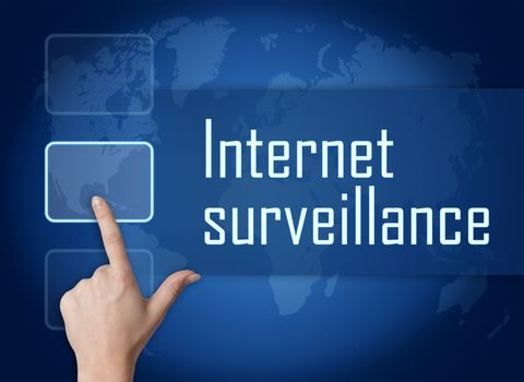 Internet surveillance concept with interface and world map on blue background