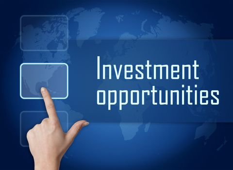 Investment opportunities concept with interface and world map on blue background