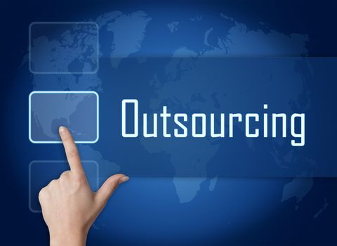 Outsourcing concept with interface and world map on blue background