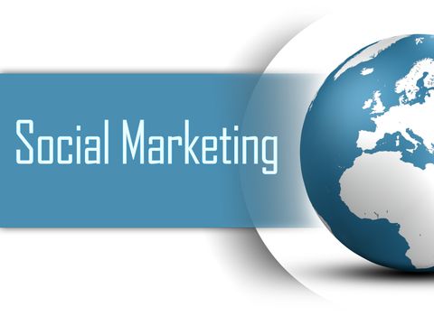 Social Marketing concept with globe on white background