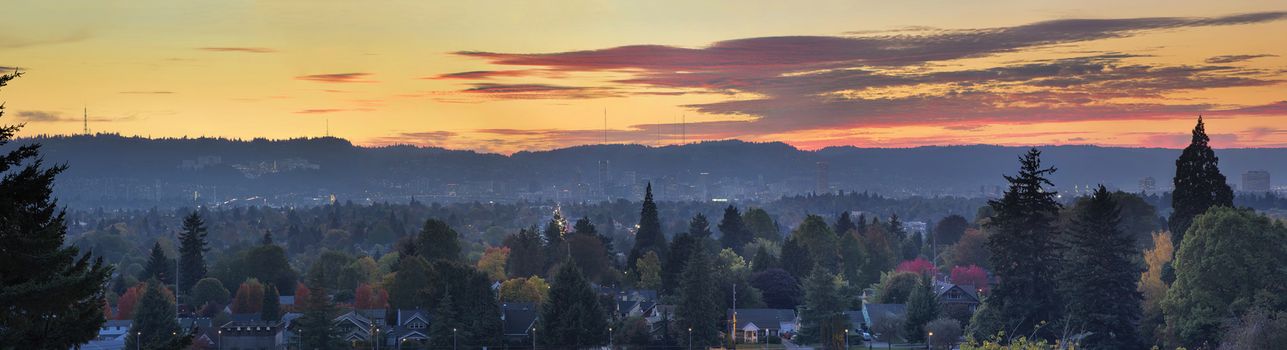 Golden Sunset Over Portland Oregon Cityscape with View of West Hills Panorama