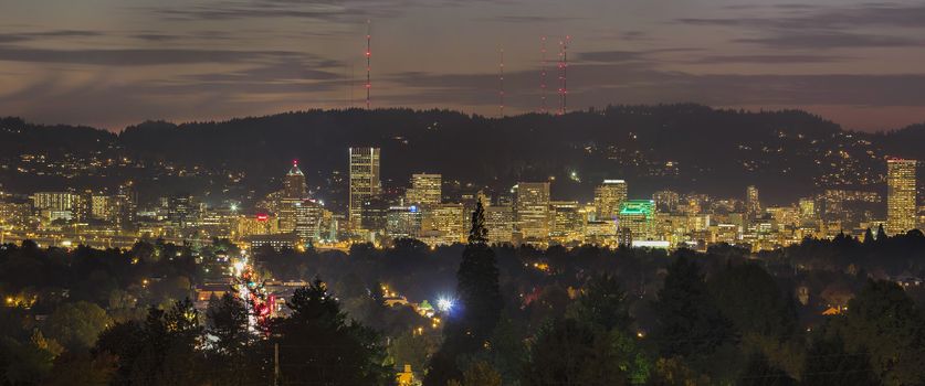 Portland Oregon Downtown City Skyline Lights Up at Dusk Panorama