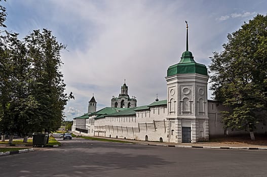 Ancient wall and towers of Holy Transfiguration Monastery in Yaroslavl, Russia