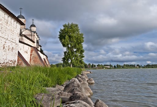 Wall St. Cyril-Belozersky monastery on the banks of Lake Siverskoye, Kirillov, Russia