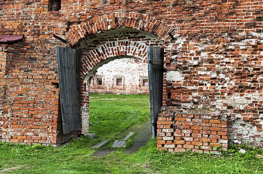 Old wooden gate in ancient russian Kirillo-Belozersky monastery