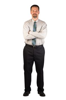 A white collar worker standing facing the camera with a strong stance of confidence. This man could be a corporate person that could deal with insurance, finance, real estate, stock market, restaurant industry, home improvement industry or other industries.