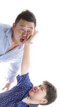 Asian Father and son playing and fooling around with isolated white backrgound