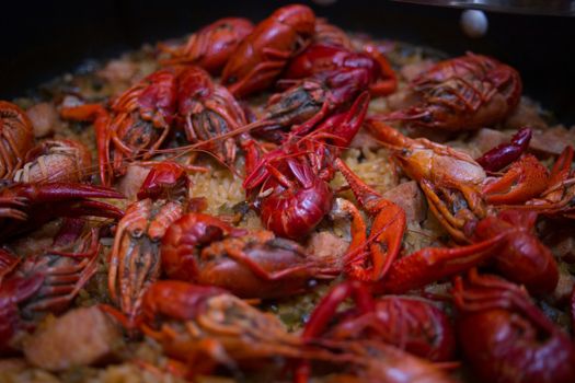 A beautiful view full of crawfish jambalaya. This dish was created in the southern United States, in Lousiana.