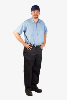 A cheerful service technician ready to be of service with your next project. This man could be a plumber, mechanic, heating and air conditioning guy, carpet installer, electrician, cable guy etc.