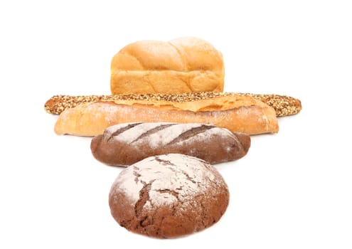 Brown and white loafs of bread. White background.