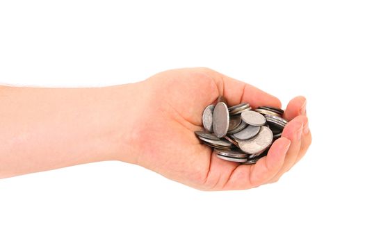 Hand holds coins. Isolated on a white background.