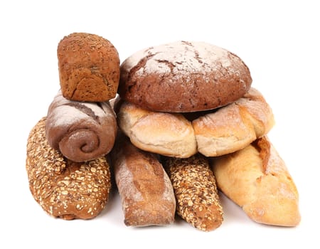 Brown and white loafs of bread. White background.