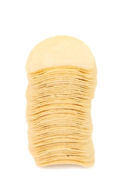 Stack of potato chips on a white background