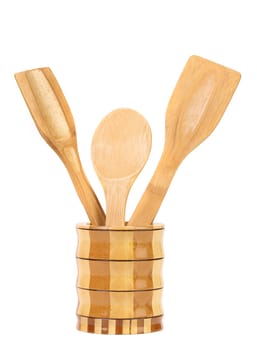 Wooden cutlery in jar. Isolated on a white background.