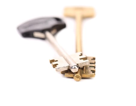 Two different key. Metal and Plastic. White background.