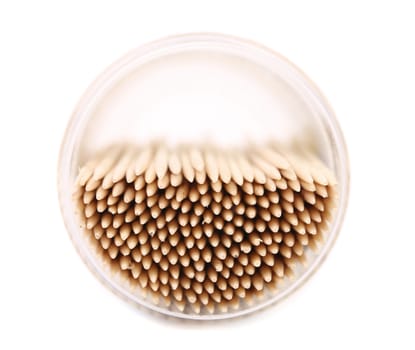 Tpo view on toothpicks in a round box. Close up.