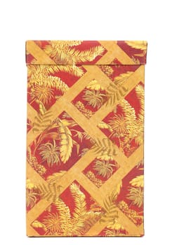 Exotic print on red box. White background.