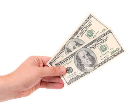Male hand holding american Dollar-bills. White background.