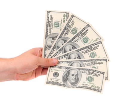 Male hand holding american Dollar-bills. White background.