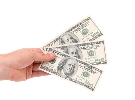 Male hand holding american Dollar-bills. White background.