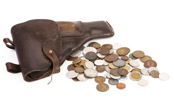 Gun and coins. Isolated on a white background.