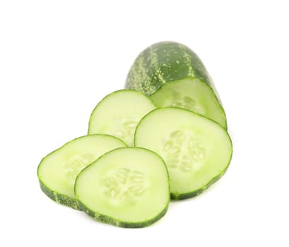 Fresh cucumber and slices. Isolated on a white background.