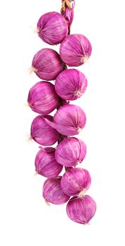 Plait of onions. Isolated on a white background.