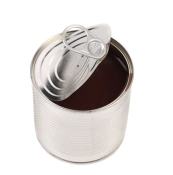 Dark contents into opened tin can. White background.