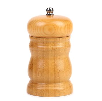 Wooden pepper or salt pot. White background.