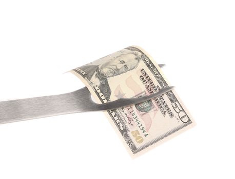 One hangred dollars on bbq fork. White bacground.