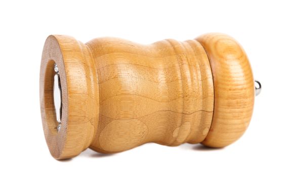 Wooden pepper or salt pot. White background.