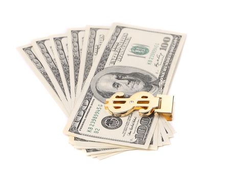 One hundred dollars banknotes in money clip. White background.