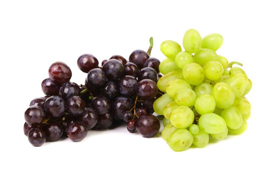 Black and green ripe grapes. White background.