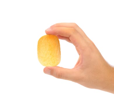 Hand hold chip of potato. White background.