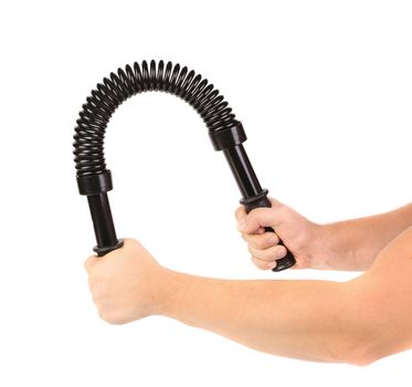 Hands bends steel expander. Isolated on a white background.