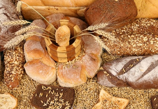 Bread composition. Close up. On whole background.