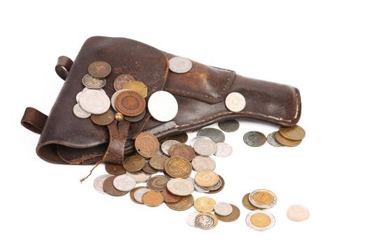 Gun and coins. Isolated on a white background.