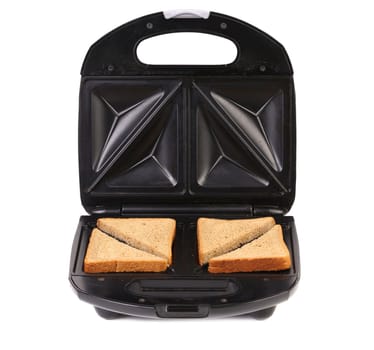 Sandwich toaster with bread slices. White background.