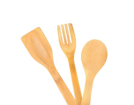 Wooden kitchen utensils set. Isolated on white background.