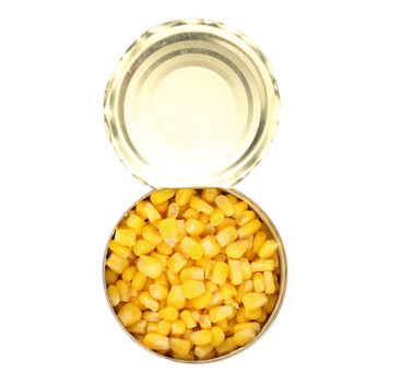 Opened cans of corn. Isolated on a white background.