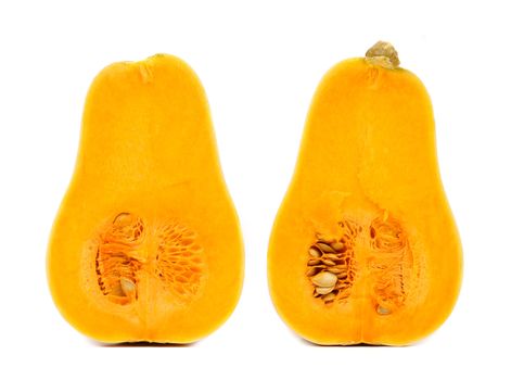Two half of fresh pumpkin. White background.