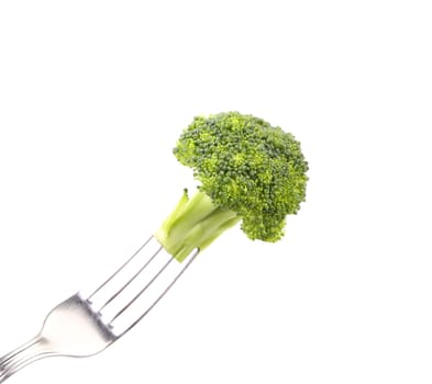 Fresh broccoli on fork. Isolated on a white background.