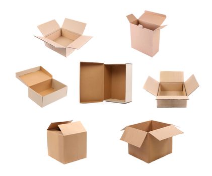 Opening variety carton boxes. Isolated on a white background.