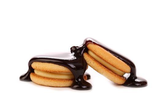 Stream chocolate and biscuit sandwich. White background.